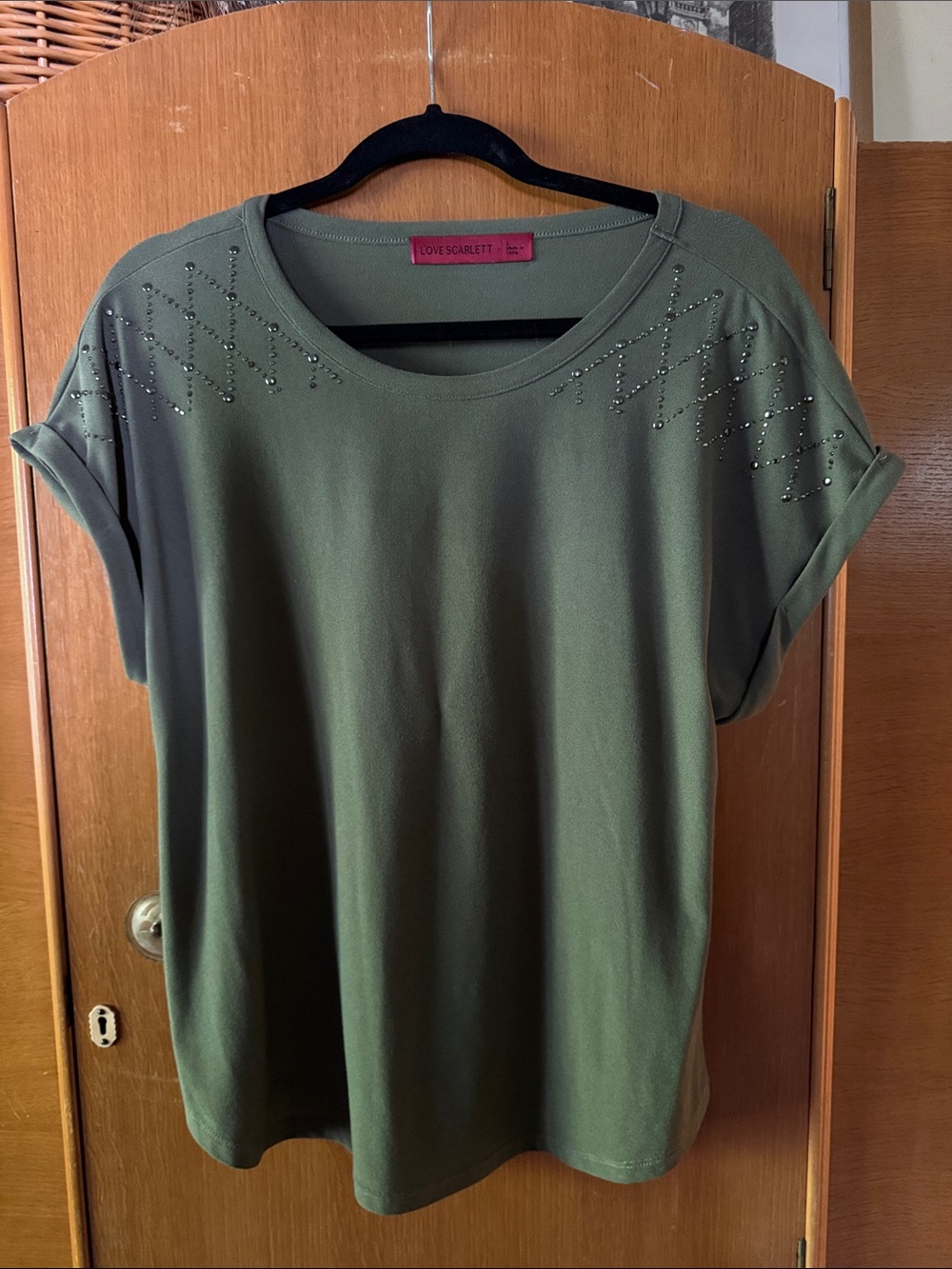 Love Scarlett Olive Green Short Sleeve Top with Shoulder Studs